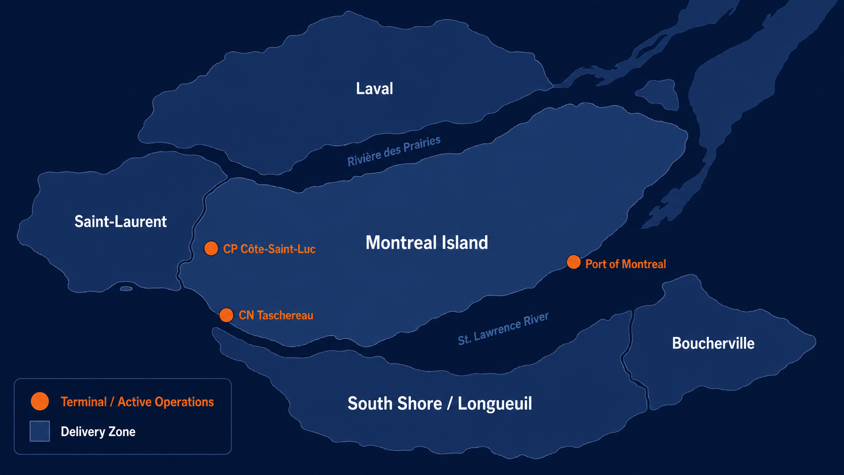 Greater Montreal service area map showing KIA Transport coverage zones and terminals