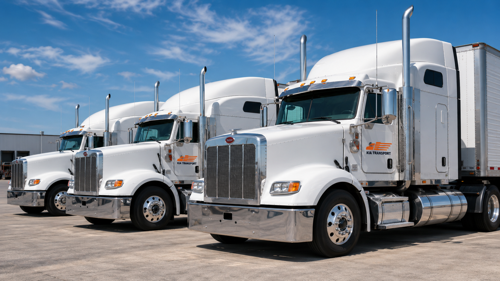KIA Transport fleet lineup — three white Peterbilt trucks