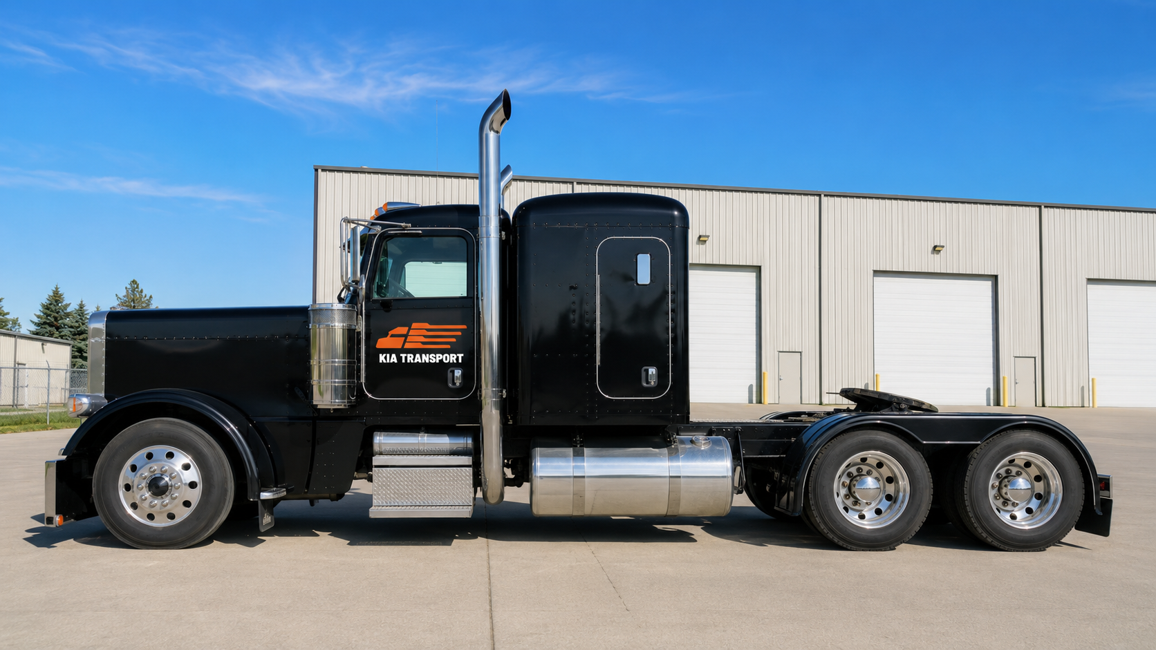 KIA Transport black Peterbilt truck — driver side profile