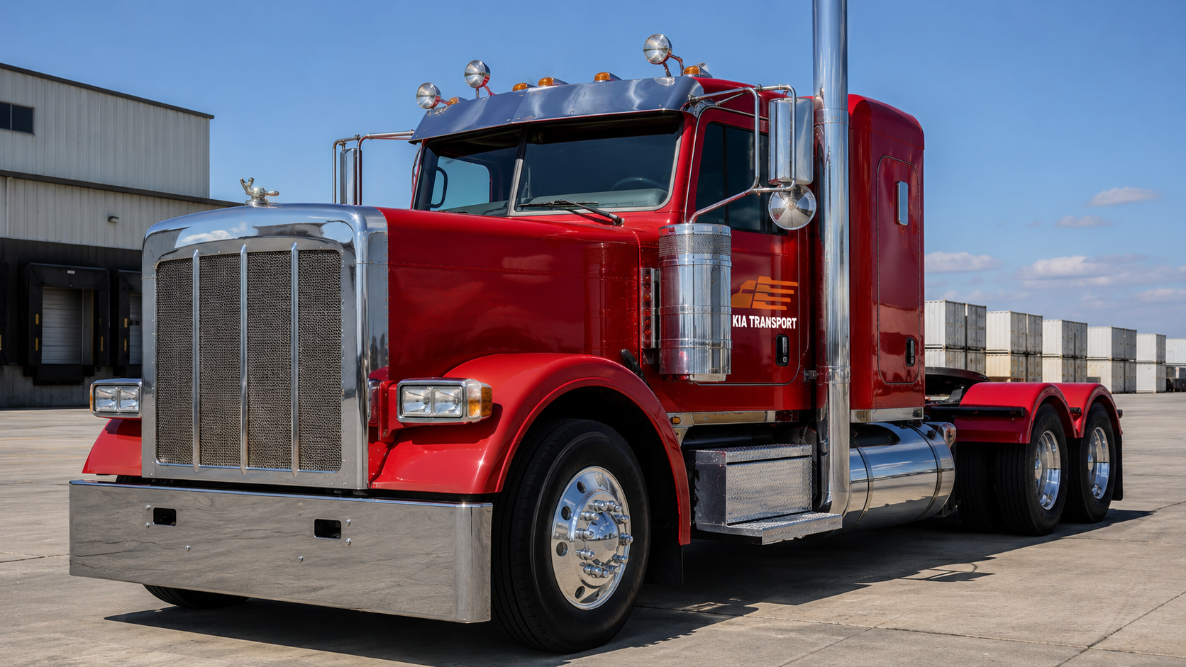 KIA Transport red Peterbilt truck — front angle